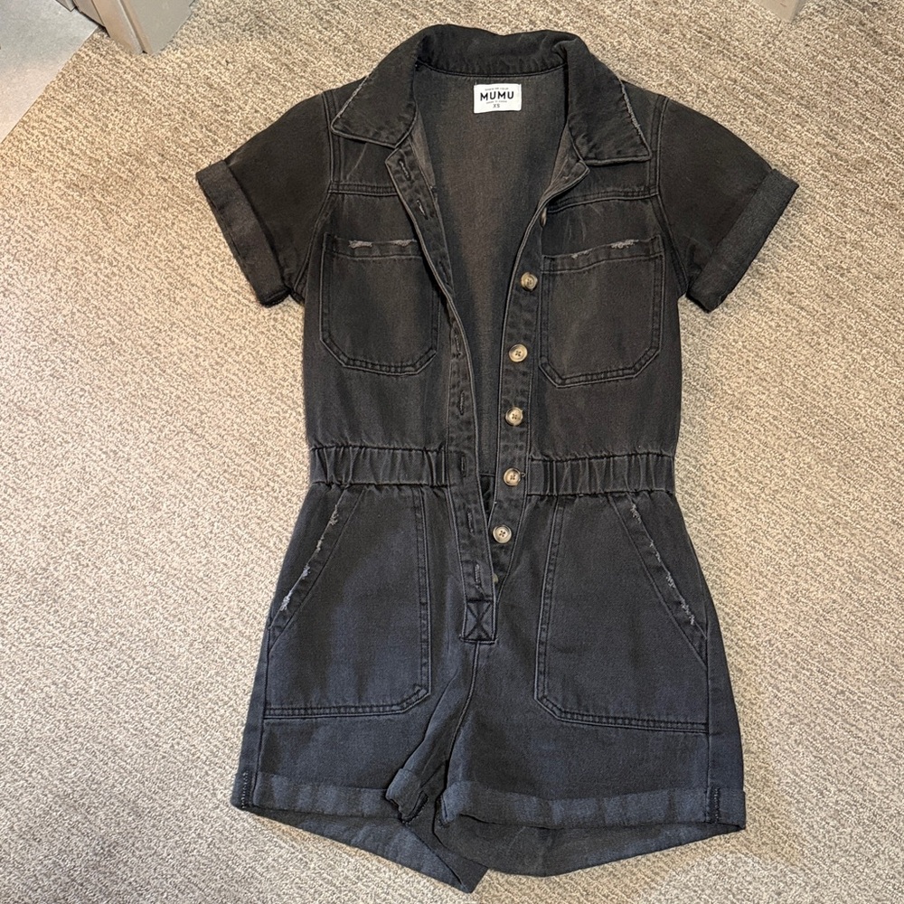 Womens Black Denim Shorts Romper